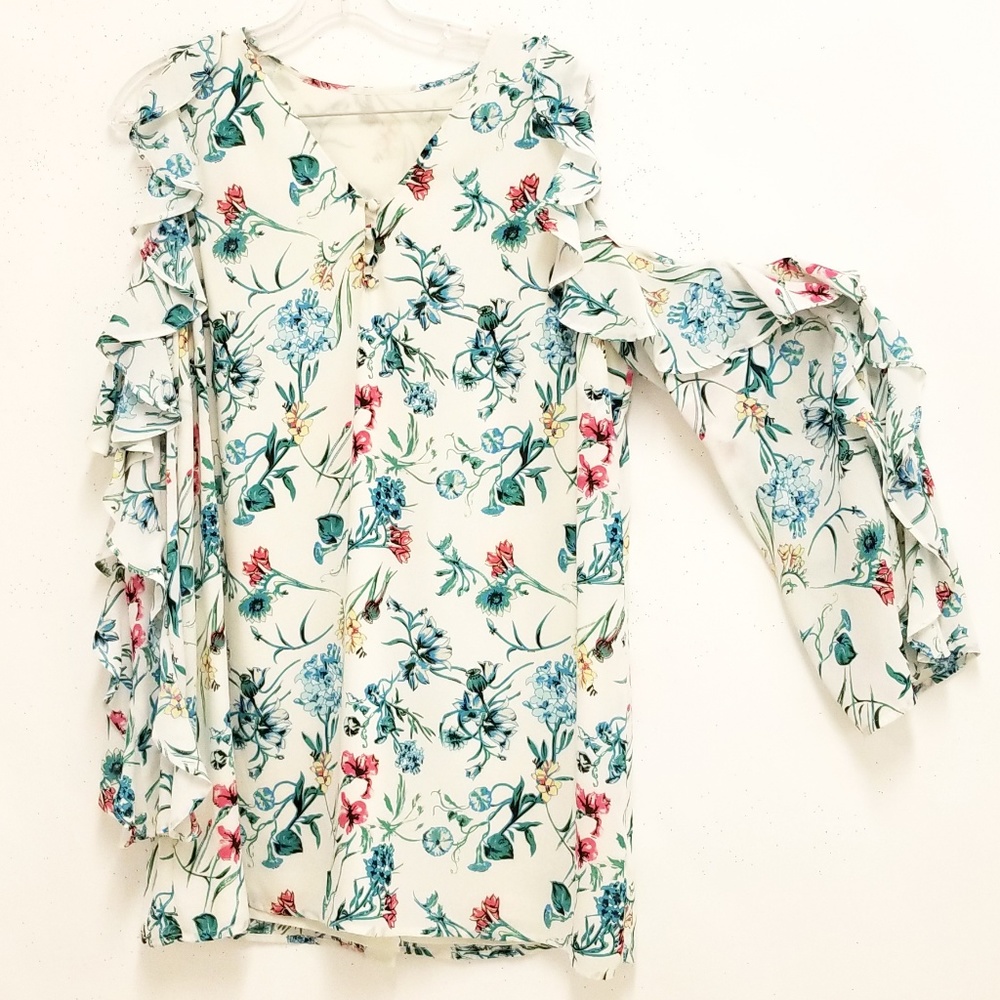 Silk Ruffle Floral Cold-Shoulder Tunic NEW - Picture 4 of 4